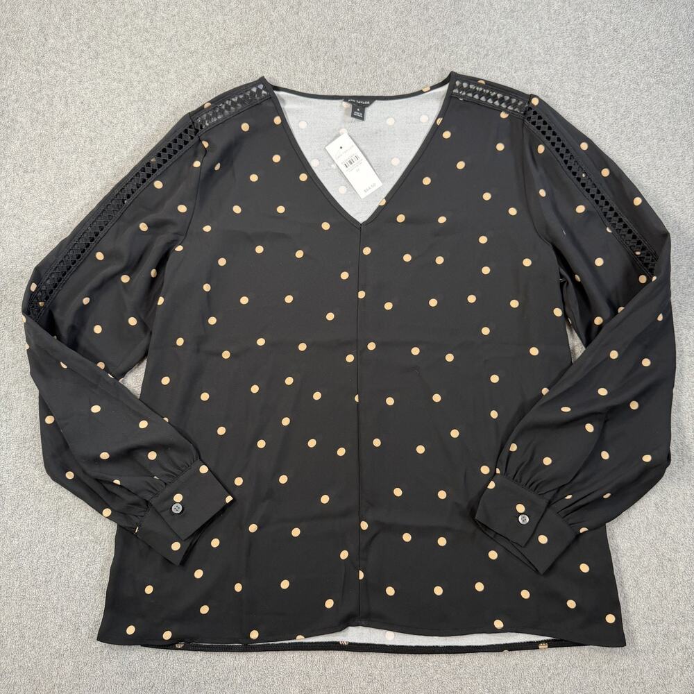 Ann Taylor Women's Medium Black Beige Polka Dot V-Neck Blouse Top Lace Trim New